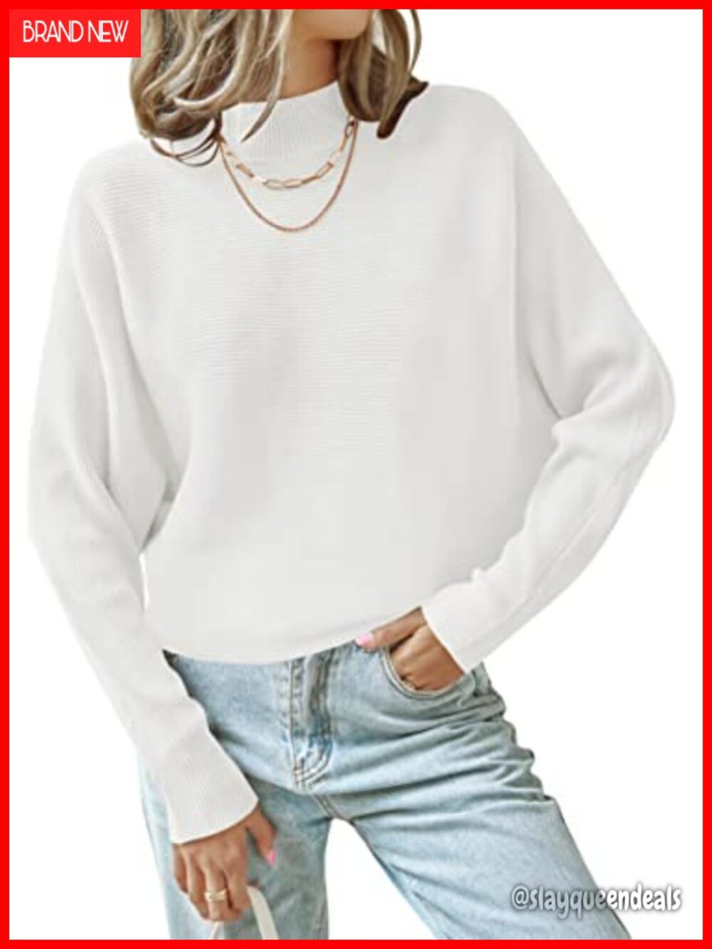 Turtleneck Long Batwing Sleeve Ribbed Knit Pullover Sweater